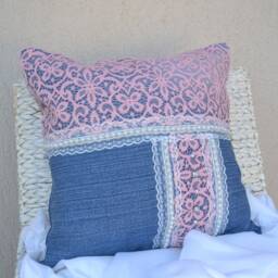 Denim Pillow Pink Lace, Rhinestones & Pearls, Chic Cushion - 16x16 In - thumbnail 2