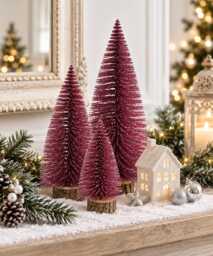 Glittery Magenta Bottle Brush Christmas Tree, Rustic Wood Base, Festive Table Decor - thumbnail 1