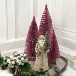 Glittery Magenta Bottle Brush Christmas Tree, Rustic Wood Base, Festive Table Decor - thumbnail 4