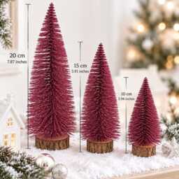 Glittery Magenta Bottle Brush Christmas Tree, Rustic Wood Base, Festive Table Decor - thumbnail 2