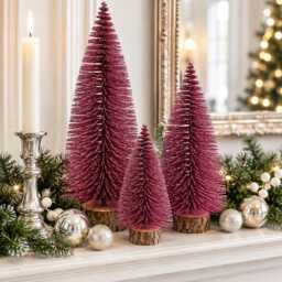 Glittery Magenta Bottle Brush Christmas Tree, Rustic Wood Base, Festive Table Decor - thumbnail 3