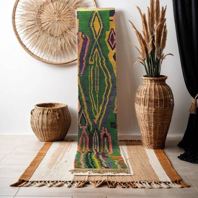 Handmade Berber Runner Rug Colorful Moroccan Green Wool Carpet - image 1