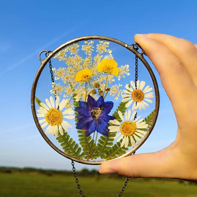 Pressed Wildflower Suncatcher Stained Glass Floral Wall Art - image 1