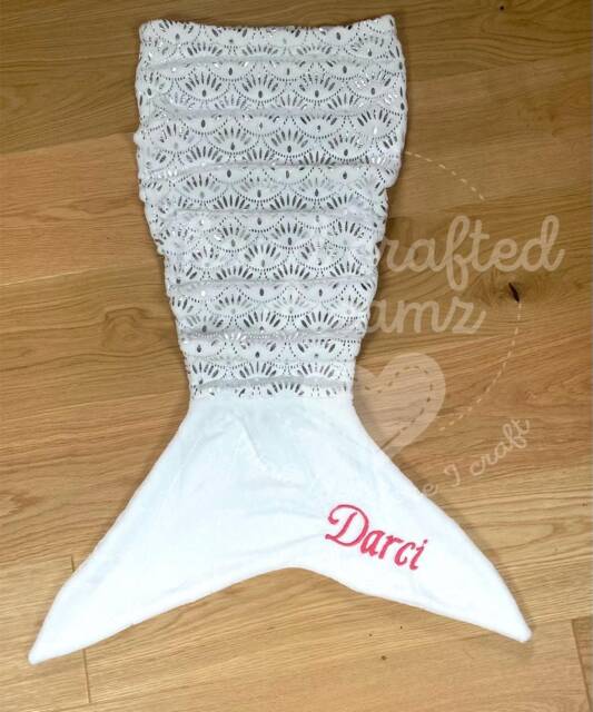Personalized Mermaid Tail Blanket Embroidered Fleece Blanket, Pink & White - image 1