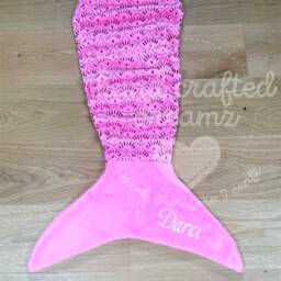 Personalized Mermaid Tail Blanket Embroidered Fleece Blanket, Pink & White - thumbnail 2