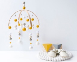 Mustard & Grey Baby Mobile - Gender Neutral Felt Pompom Crib Minimalist Wool Ball Nursery Cot Wooden Arch Ceiling