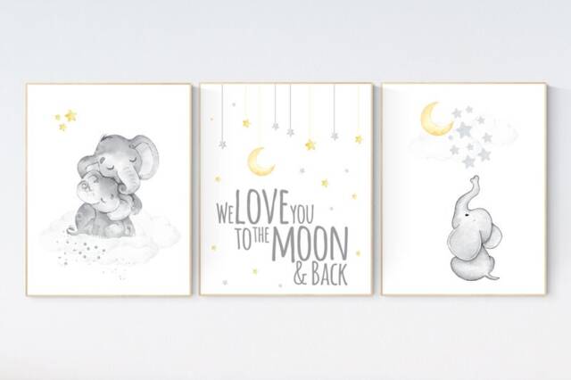 Elephant Nursery Art Print Moon, Stars, Yellow & Gray Decor - image 1