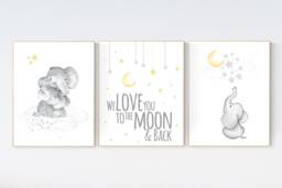 Elephant Nursery Art Print Moon, Stars, Yellow & Gray Decor - thumbnail 1
