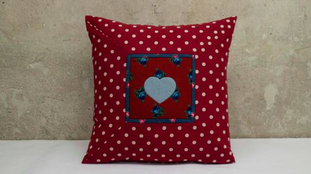 Square Cushion With Sewn-In Heart, Made From 4 Different Austrian Dirndl Fabrics in Cotton & Linen, Lined Quilted - image 1