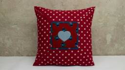 Square Cushion With Sewn-In Heart, Made From 4 Different Austrian Dirndl Fabrics in Cotton & Linen, Lined Quilted