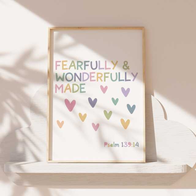 Fearfully & Wonderfully Made Print, Christian Nursery Prints, Wall Art, Scripture Rainbow Bible Verse Print - image 1