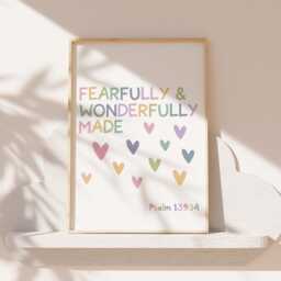 Fearfully & Wonderfully Made Print, Christian Nursery Prints, Wall Art, Scripture Rainbow Bible Verse Print - thumbnail 1