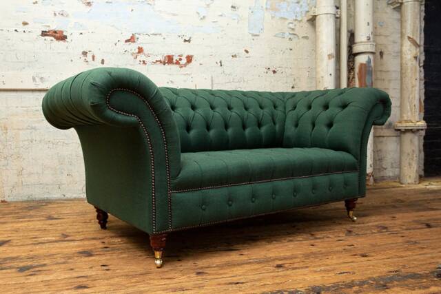 2 Seater Green Chesterfield Sofa in Herringbone Wool Fabric - British Handmade - image 1