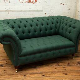 2 Seater Green Chesterfield Sofa in Herringbone Wool Fabric - British Handmade - thumbnail 4