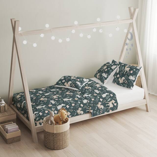 Dark Sketched Woodland Deers & Rabbit Bedding, Duvet Covers, Fitted Sheets, Children's Room Decor, Kids Baby Bedding - image 1