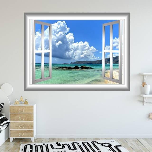 Peel & Stick Beach Wall Art Mountain Decal - Clouds in The Sky Window Frame Mural Home Decor Sticker - Vwaq Nw78