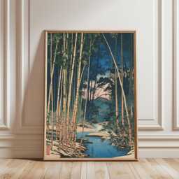 Japanese Woodblock Landscape Art - Bamboo Forest River Poster Blue Green Nature Print - thumbnail 1