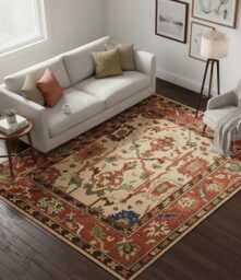 Handmade Orange Wool Rug - Traditional Turkish Floral Carpet, Boho Farmhouse Decor