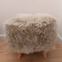 Handmade Sheepskin Footstool Small Furry Pouffe, Wood Legs - thumbnail 4