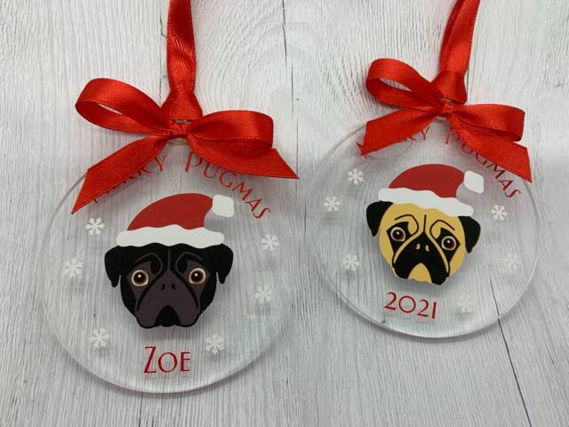 Pug Christmas Bauble, Flat Round Acrylic Hanging Tree Ornament, Black Or Fawn Dog With Santa Hat & Red Bow Ribbon, Lover Gift - image 1