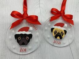 Pug Christmas Bauble, Flat Round Acrylic Hanging Tree Ornament, Black Or Fawn Dog With Santa Hat & Red Bow Ribbon, Lover Gift - thumbnail 1