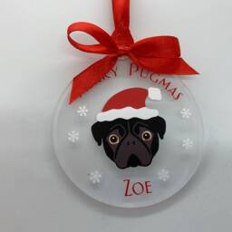 Pug Christmas Bauble, Flat Round Acrylic Hanging Tree Ornament, Black Or Fawn Dog With Santa Hat & Red Bow Ribbon, Lover Gift - thumbnail 3