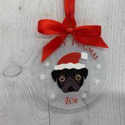Pug Christmas Bauble, Flat Round Acrylic Hanging Tree Ornament, Black Or Fawn Dog With Santa Hat & Red Bow Ribbon, Lover Gift - thumbnail 4