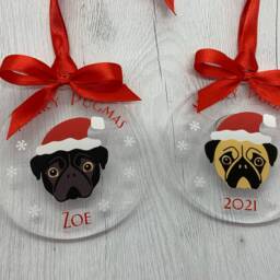 Pug Christmas Bauble, Flat Round Acrylic Hanging Tree Ornament, Black Or Fawn Dog With Santa Hat & Red Bow Ribbon, Lover Gift - thumbnail 2