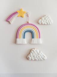 Pastel Macrame Rainbow Wall Hanging, Pink Girl Nursery Art With Shooting Star