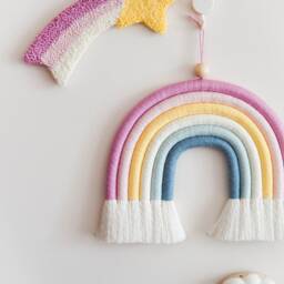 Pastel Macrame Rainbow Wall Hanging, Pink Girl Nursery Art With Shooting Star - thumbnail 4