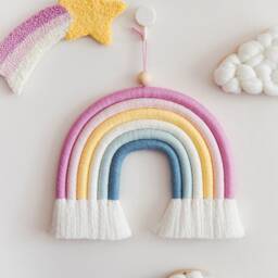 Pastel Macrame Rainbow Wall Hanging, Pink Girl Nursery Art With Shooting Star - thumbnail 3