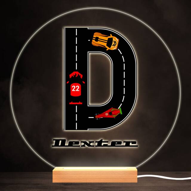 Road Racing Cars Letter D Colourful Round Personalised Gift Led Lamp Night Light - Bedroom - image 1