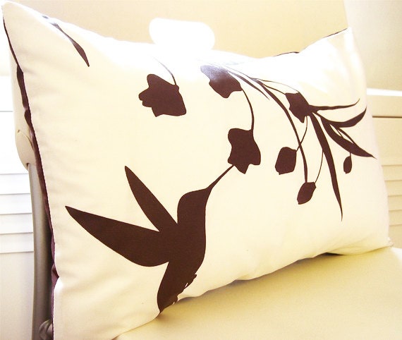 Brown Print On Off White Cotton Hummingbird With Eucalyptus Rectangle Pillow - image 1