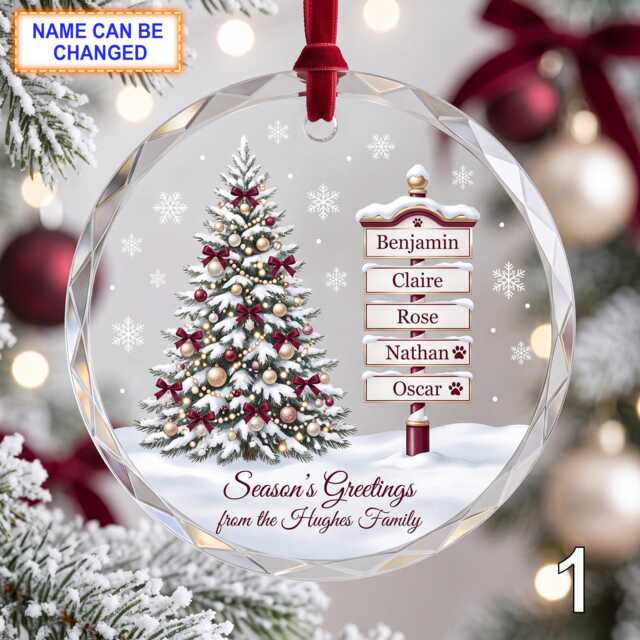 Personalized Christmas Glass Ornament, Custom Holiday Tree Keepsake With Snowy Evergreen Tree, Wooden Name Signs & Winter Window Decor - image 1