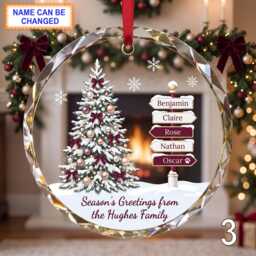 Personalized Christmas Glass Ornament, Custom Holiday Tree Keepsake With Snowy Evergreen Tree, Wooden Name Signs & Winter Window Decor - thumbnail 3
