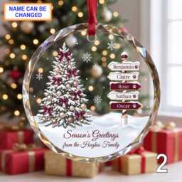 Personalized Christmas Glass Ornament, Custom Holiday Tree Keepsake With Snowy Evergreen Tree, Wooden Name Signs & Winter Window Decor - thumbnail 2