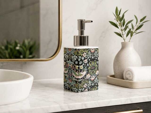 William Morris Strawberry Thief Black & Green Soap Dispenser Porcelain 200 Ml 7Oz Birds Garden Fantasy Floral Liquid Pump Hand Decorated UK - image 1