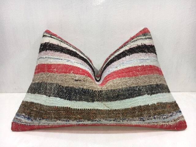 Vintage Kilim Pillow Cover, Striped Turkish Pillow, 16x24 - image 1