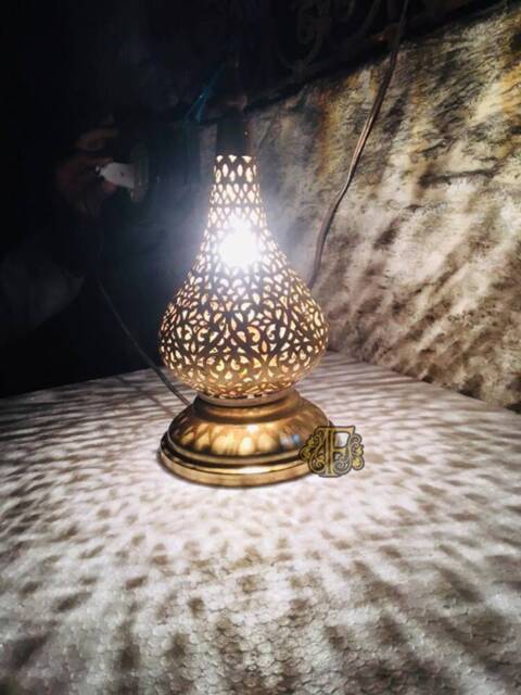 Moroccan Table Lamp - Antique Brass Boho Desk Lighting Handmade Ambient Light Moorish Decor - image 1