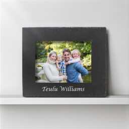 "Welsh Custom Engraved Family Slate Photo Frame -""Teulu [Name]"