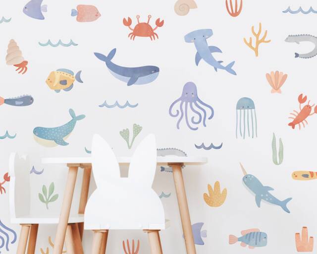Ocean Animal Wall Decals - Removable, Reusable Stickers Watercolor Sea Life Nursery Decor, Kids Room Art, Beach Decor - image 1
