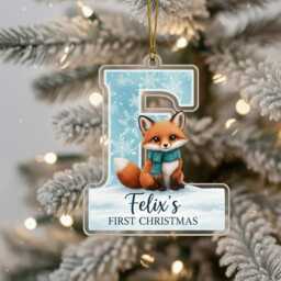 Personalised Fox Christmas Ornament - Custom Name & Initial Acrylic Decoration, Baby's First Gift Keepsake 2025 - thumbnail 3