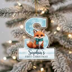 Personalised Fox Christmas Ornament - Custom Name & Initial Acrylic Decoration, Baby's First Gift Keepsake 2025