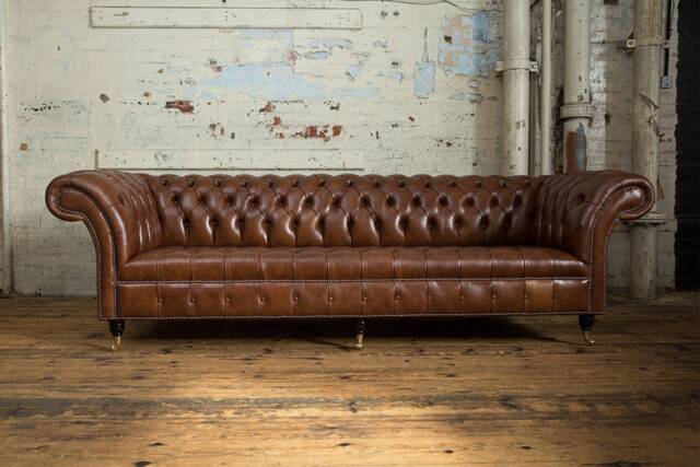 4 Seater Mottled Tan Brown Leather Chesterfield Sofa, British Handmade - image 1