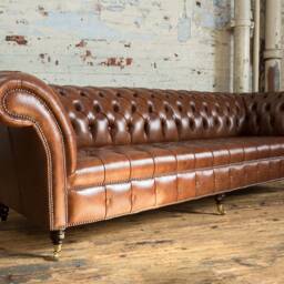 4 Seater Mottled Tan Brown Leather Chesterfield Sofa, British Handmade - thumbnail 3