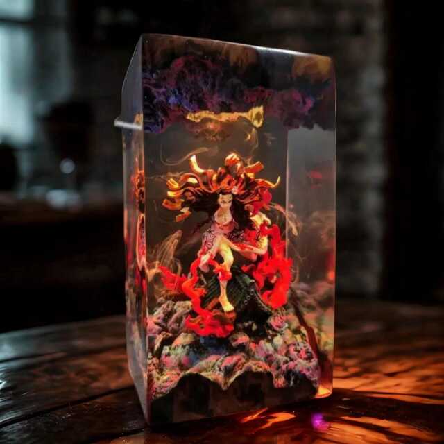 Flame Warrior Girl Resin Lamp - Kny Anime-Inspired Led Diorama Light - Handmade Fiery Demon Scene Otaku Desk Decor & Unique Gift - image 1
