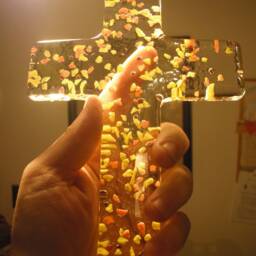 Handblown Glass Wall Crucifix Cross 22 cm X 15 Handmade With Orange Yelow Rubines - thumbnail 3