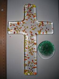 Handblown Glass Wall Crucifix Cross 22 cm X 15 Handmade With Orange Yelow Rubines - thumbnail 1