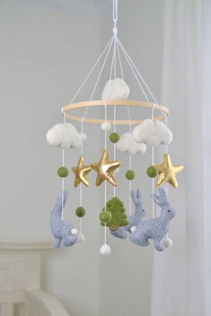 Baby Mobile/ Nursery Mobile/Handmade Mobile/Bunny Mobile/star Mobile/Felt Rabbit/Mobile For Baby/Woodland Mobile - image 1