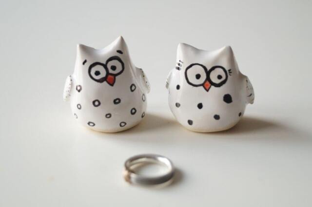 Handmade Ceramic Owl Couple Figurines Wedding Cake Topper - image 1